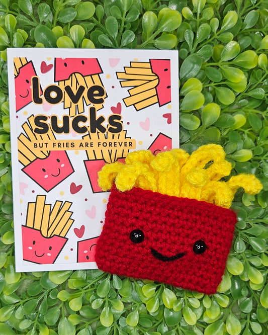 Funny Anti-Valentine’s Day Gift Bundle – Handmade Crochet French Fry Plush and Card