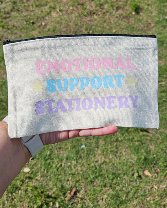 Emotional Support Stationery Canvas Pencil Bag - Pastel Aesthetic Pencil Pouch - Cute Gift for Stationery Addicts, Book Lovers, and Writers
