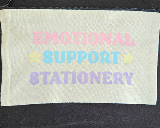 Emotional Support Stationery Canvas Pencil Bag - Pastel Aesthetic Pencil Pouch - Cute Gift for Stationery Addicts, Book Lovers, and Writers