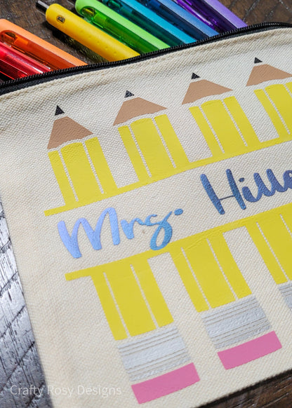 Custom Personalized Canvas Teacher Pencil Bag, Teacher Gift, Student Gift, Travel Makeup Cosmetic Bag